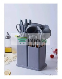 К-т силиконови прибори 33 части със стойка ножове, ножица и дъска